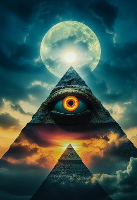 mountain, surreal,  double exposure, dark and moody ,colored all seeing eye pyramid mad of novuschroma54 style, film grain, high quality, dramatic ,poster, horror story style, sun and moon behind clouds