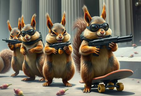 A team of squirrels conducting a high-stakes bank heist, complete with acorn-shaped explosives and guns in hands, squirrel-sized ski masks, and getaway skateboards, realistic, highly detailed