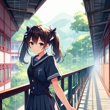 solo,  1girl,  14yo,  resting arms on school railings,  leaning,  outdoor corridor,  second floor,  twintail,  school uniform,  wind,  smile,  raining,  taiwan street,<lora:girllikeschoolrailings_v09:1>,