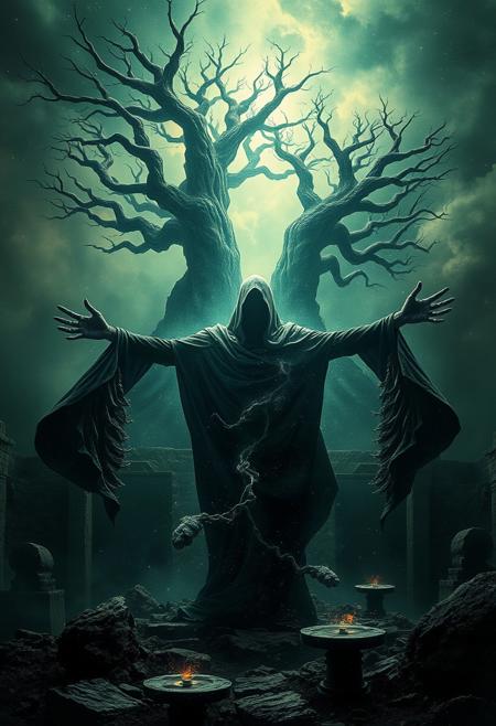A universe inside a dark cloaked figure within mysterious landscape in an unfathomable realm of fantastic creation inhabited by ancient shadows of a forgotten time beyond the gate of the gateless gate where life is limitless, light is shadow and shadow is light, eerie sense, horror, spark of the beginning, existence and nonexistence at once, ethereal, outstretched arms, behold the end of the beginning, inglorious glory to the dark one, betrayal of the ancient order, beware the 7headed beast, destroyer of the old ways, bearer of the unbearable, nightmarish, archaic runes, tree aging backwards, breath of the gods, ruins of a place unimagined, extreme intricate detail, photorealistic, beyond epic scene, fate discarded, unseeable face of god, the end is the beginning, the beginning is the end, man arises as god dies, as above so below, as below so above, emerald tablet, thoth, guardian and saboteur of existence, hopeless hope
