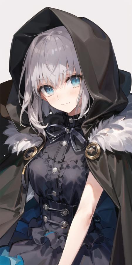 masterpiece, best quality, gurei, 1girl, solo, hood, looking at viewer, blush, hood up, fur trim, short hair, closed mouth, upper body, black ribbon, cloak, simple background, hooded cloak, smile, black shirt, <lora:wadaFateLocon_v1:0.7>, <lora:gurei_v2:0.7>