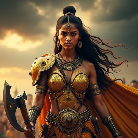 text in top spelling out the words "Tamizhagam",(Indian girl as the warrior Goddess),golden armour, tiger flag,sexy, majestic cloak, chest armor, beautiful detailed eyes, eyes symmetry, face symmetry, extremely detailed skin texture, fierce expression, strong posture, holding a battle axe, dramatic lighting, stormy sky, warrior queen demeanor, determined, strong colors, high contrast, HDR, hyper realistic, movie poster style