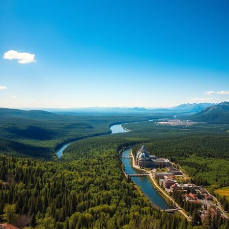 A high-quality digital image capturing a breathtaking landscape, viewed from the top of a hill. The scene is dominated by a wide, clear river winding through a dense primeval forest, stretching towards the horizon. The forest, lush and vibrant, is teeming with ancient trees, their canopies dense and green. along both banks of the river many  trees have been cut down and a small towns spread into the forest, in the right foreground a large 18th century industrial city has replaced the forest. On the horizon a range of majestic tall, rugged peaks, their summits touching the sky. The sky is a bright blue, dotted with a few fluffy white clouds, while the entire scene is bathed in the brilliant midday sunshine, casting a warm, natural light over the landscape. The horizon is positioned two-thirds of the way up the image, emphasizing the vastness of the sky and the distant mountains