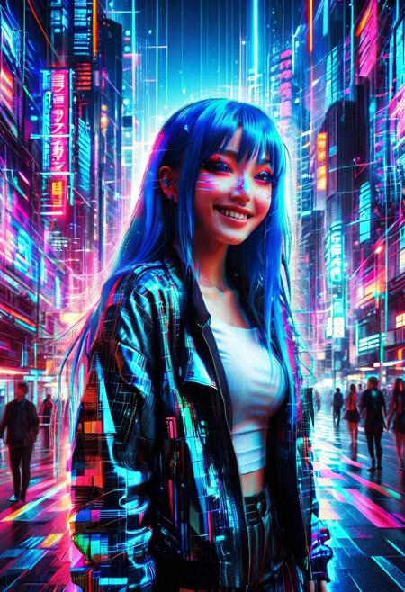 beautiful anime girl with long blue hair, smiling, standing in a futuristic city, neon lights, glitch, flickering, digital distortion, glitch style, cyberpunk aesthetic, colorful, big expressive eyes, detailed futuristic clothing, holographic elements, atmospheric lighting, cinematic, high detail, sharp focus, abstract background, glowing signs