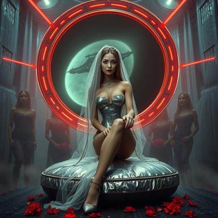 tall slender elegant slavic  princess  sit  at weird giant round mirror  pillow under dimension portal to another galaxy, slave  collar, dressed in sexy foil corset, long veil, pefect legs in lace trim stockings and d'orsay high heels, small feets, surrounded by abducted bridemaids  at  background, fishnet curtains, fog, mirrors, hi-tech, sci-fi, scifi, mind control, steel, foil, mirrors,  hypno, romance, poison, lipstick, long hair, heavy makeup, 1950s hairstyle, red nails, long hair, green eyes, sharp cheekbones, ultra thin waist , seductive, feminine, mysterious, alien spaceship, space, radiating, laser, dramatic dark red lighting, darkness, corset, negligee, lace, seduce, alluring, vines, poison red flowers