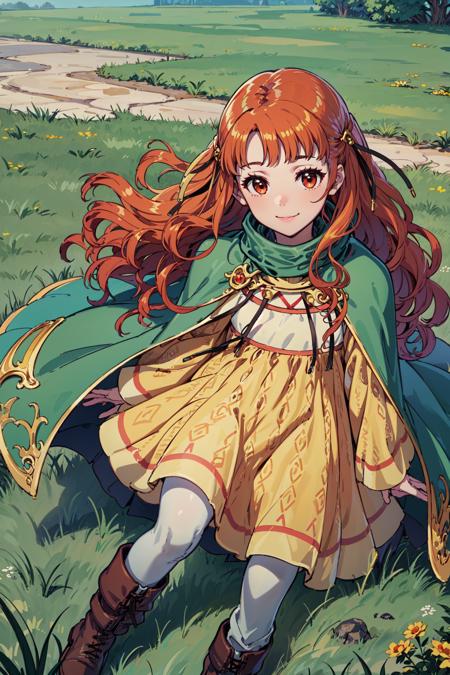 upper body,<lora:yuneV1:0.9>,yune, yellow dress, green cape, smile,  boots,white pantyhose,brown footwear,long sleeves, cloak,grass,outdoors, (masterpiece, best quality, ultra-detailed, best shadow)