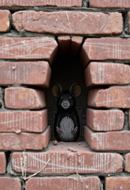 A painted mouse peers through a keyhole in a real brick wall, behind which a fantasy city is sketched in chalk, conceptual street art meets whimsical illustration, poetic minimalism, surreal visual metaphors, expressive linework, narrative humor, subtle melancholy, anthropomorphic figures, imaginative urban interventions, hand-drawn textures, clever social commentary, childlike spontaneity, delicate ink illustration, playful distortion, quiet surrealism, minimal color palette, dreamlike simplicity, emotional storytelling through small gestures, visual puns and irony
