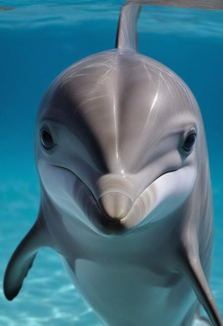 close-up of the face of a dolphin, underwater view