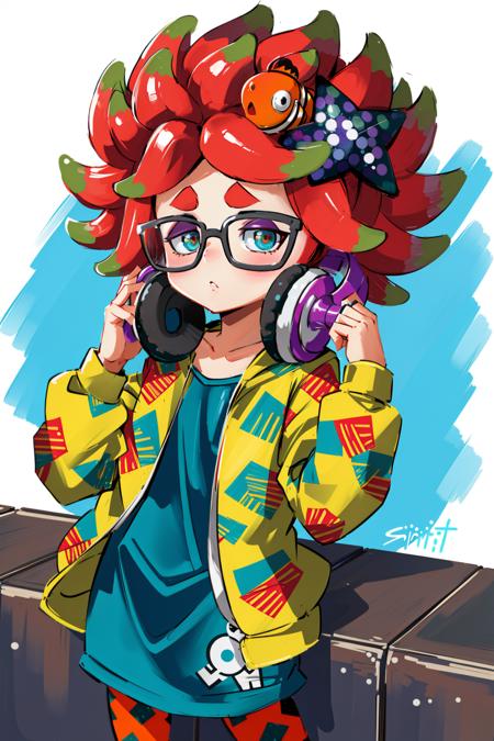 (masterpiece, best quality, highres, ultra detailed:1.2), (solo, 1girl), annie_(s2), clownfish, glasses, headphones around neck, tentacle hair, star hair ornament, green hoodie, print hoodie, print legwear, orange leggings, (dynamic pose), (dimly lit, shade, depth of field), (detailed background:1.1)