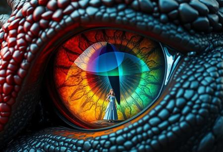 Extreme macro closeup of a massive dragon's eye filling the entire frame, with a vertical slit pupil that reflects like polished obsidian. The iris displays vibrant rainbow colors - deep crimson at the inner ring transitioning through orange, golden yellow, emerald green, sapphire blue, and violet at the outer edge, with intricate crystalline patterns and ancient wisdom gleaming within. The eye's surface has a subtle reptilian texture with fine scales around the edges. In the reflection of the pupil , a tiny female princess stands dwarfed by the immense scale - appearing no larger than a speck of dust against the colossal eye. The lighting should be dramatic with the iris colors casting prismatic reflections, and the overall mood should convey the awe-inspiring, terrifying scale difference between dragon and human. Ultra-detailed, photorealistic rendering with shallow depth of field emphasizing the eye's immense size.