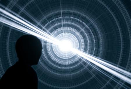 A chrome and silver beam hitting a human 100 metres away. The beam is about 1 metre thick and surrounded by multiple concentric grey and white circles of varying diameter