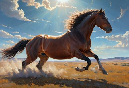 Realistic painting of a large horse galloping powerfully across a vast steppe, with dynamic ray tracing capturing the sunlight filtering through an expansive sky, by artists inspired by the detail and lifelikeness of George Stubbs and the dynamic compositions of Frederic Remington, cinematic composition, trending on ArtStation
BadDream, anzhcdreamwave, aesthetic, glowneon, glowing, sparks, lightning