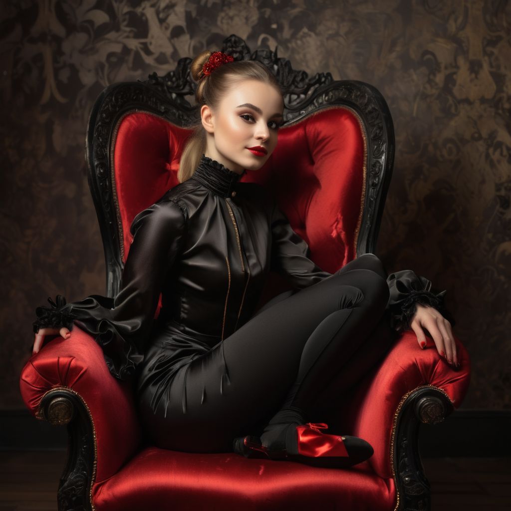 fantastically strange in appearance, but attractive to the eye, a beautiful Russian ballerina woman sits in a Gothic armchair, the emphasis is on black pupils, a magnificent body of normal build, majestic, smiling, in a modern tight-fitting jumpsuit made of a golden-red silk, black with red louboutins, a blurred picture, a clear and focused woman, Lonely, with side lighting the snapshot,
