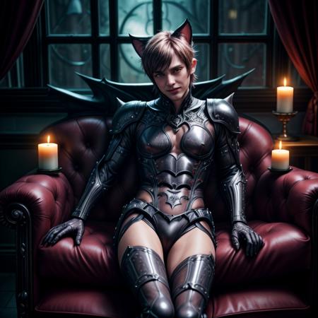 vampire (catboy:1.2),  bat wing ears, wearing heels, boob window armor, cocky grin,  lying across Victorian couch, submissive pose, dim lighting, (candle glow:1.1)