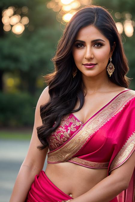 beautiful woman (k4trik4if-125:.99), (closeup portrait:1.2), sexy waist, realistic, (detailed:1.15),(film grain, skin details, 4k:1), smile, Dappled Light, analog style (look at the viewer), (skin texture), (film grain), (hyper-realistic texture skin:1.3), cinematic light, sidelighting, ultra high res, best shadow, RAW, beautiful hair, wearing a pink sari, winter city park, professional model photoshoot, hdr, sunset, (bindi)