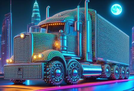 vibrant colors, shiny_skin, prefect lighting, detailed image, snoozing, masterpiece, best quality, highly detailed, ultra quality, 
truck made from diamond-steel ball bearings, 
On the road, outdoors, neon lights, glowing, glowing RGB lights, city, skyscraper, building, sciencefiction, electricity, neon lights, night, moon, moonlight,