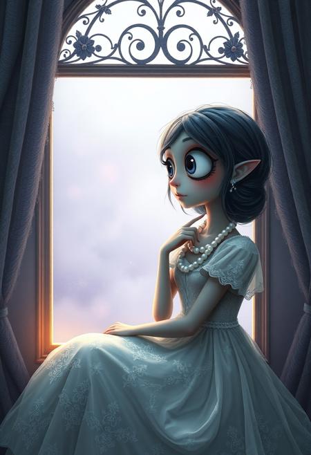 A seated figure with large stylized eyes, wearing a pearl-dusted gown, gazes out from a misted window framed in floral scrollwork. The mist outside glows softly with hints of lilac and silver, and her surroundings are adorned in delicate textures and lace. vivid style, pastel portrait fantasy, glowing side light