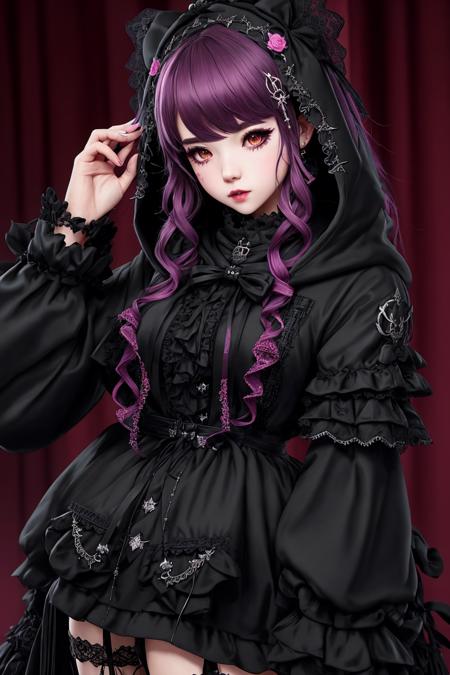 Masterpiece, absurdres,award winning photo, extremely detailed, amazing, fine detail,
([hoodie|DRK_GLAM|GothGal]::0.5),
DRK_GLAM,a woman wearing a GothGal_hoodie, frills, ribbons, lace,skulls,
 <lora:DarkHoodies:1>