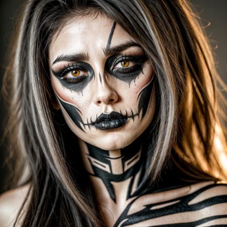  RAW photo, subject, 8k uhd, dslr, soft lighting, high quality, film grain, Fujifilm XT3,Ultra-detailed, Close-up portrait of a woman with striking symmetrical skull makeup.  One side of her face is painted in detailed black and white skull design, featuring intricate bone structure and teeth.  The other side of her face is a natural, light complexion.  Her light gray hair cascades around her shoulders.  Her expression is neutral and captivating,  with a subtly intense gaze.  She wears striking, vibrant, red lipstick, adding to the artistic appeal of the makeup.  The light-colored contact lenses with swirling designs further accentuate the unique artwork.  A small nose ring enhances the facial features.  The composition is centered, highlighting the dramatic contrast between the painted and natural sides of her face.  Soft, diffused lighting emphasizes the texture of the makeup and the subtle play of light on her skin.  The background is out of focus, suggesting a studio setting, with blurred soft light patterns.  The overall atmosphere is artistic and dramatic, evoking a feeling of both beauty and a Halloween-inspired theme.  Makeup style is dramatic, artistic, and detailed.