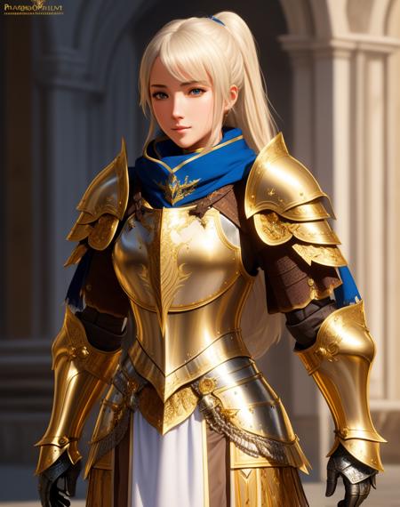 Masterpiece, absurdres, fine detail, HDR,highly detailed armor with gold plating, shiny armor, photorealistic,<lora:PLD_amor:0.75>,PLD_armor, a female knight in armor, wearing PLD_armor, blue scarf