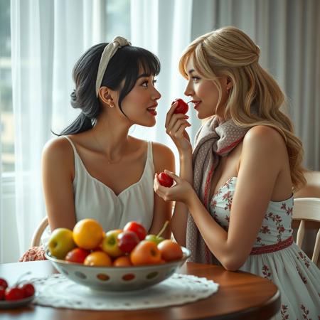 real life realistic, two beautiful women at a table, bowl of fruit between them, women looking in each other's eyes lovingly as one offers a cherry to the open mouth of the other woman whose  hand is on the cheek of the other woman one Asian, one blonde Swede. one small breasts, one large breasts. one sleeveless blouse and skirt, one sundress. one headband, one scarf. one bangs, one long hair.
score_9, score_8_up, very detailed, detailed eyes,  high detailed texture, realistic, photorealistic, perfect eyes, real life realistic, Expressiveh, Stable_Yogis_PDXL_Positives, midjourneylora, detailed background, dynamic angle, volumetric lighting, godrays, beautiful, small breasts, green eyes,
