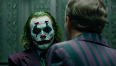 movie still of the joker, over the shoulder shot, 2 people, facing forward