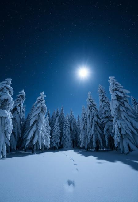 Majestic taiga covered with pristine snow, serene night landscape, countless bright stars twinkling in the clear sky, glowing full moon casting gentle light on the trees, atmospheric depth and tranquility