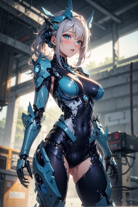 masterpiece,best quality,ultra-detailed, , 1girl,solo,aqua,large breasts, blue theme, mecha musume, mechanical parts,robot joints, blue headwear, blush,standing,cowboy shot, 
<lora:mecha_v1:0.6>