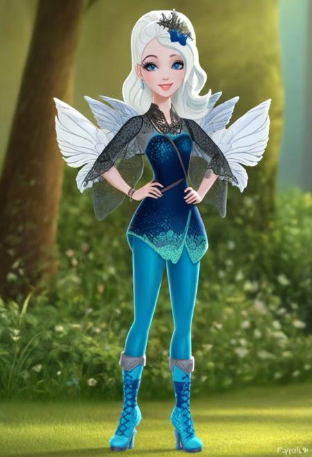 Expressiveh, (Masterpiece, best quality:1.5), score_9, score_9_up, solo, , soft shading, strong lighting,  (anatomically correct),  best high quality, high res,  jewelry, cute, beautiful, (ultra realistic,32k, masterpiece:1.2),(high detailed skin:1.1),( high quality:1.1,  blue eyes, (looking at viewer, portrait:1.1), <lora:add_detail:0.95>, (moody lighting:1.1), sexy, 1girl, 25 years old, full body visible, irl, realistic style,  smiling, jewelry, necklace, clothes, seductive pose, seductive look, outdoors, posing,   face focus,  outdoors, mix4, faybelle, lace fairy wings, white hair, grey skin, ponytail, BadDream, lace clothes, dark blue top, blue pants, cyan boots