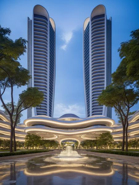<lora:JJsCurvyArchitecture_XL:1>,((CurvyArchitecture)) , ((best quality)),((masterpiece)),((realistic)), outdoors, cloud, blue sky, no humans, building, scenery, city, cityscape, skyscraper,  center composition, park,  car, tree, dramatic lighting,
