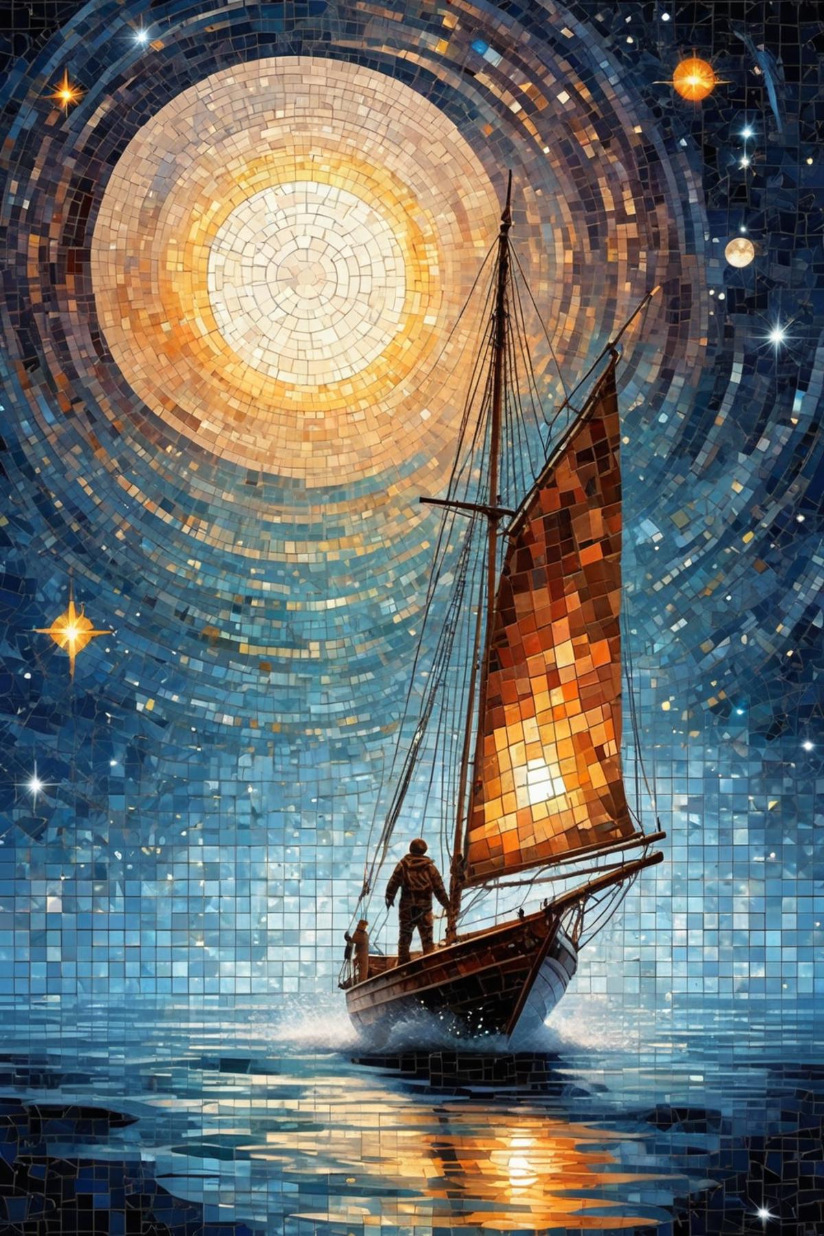 A person is on a sail boat in the middle of a stormy sea at night.