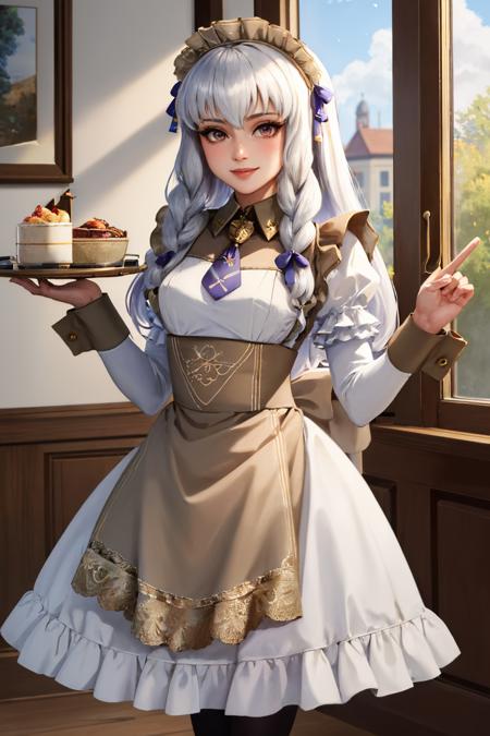 (masterpiece, best quality:1.2), lysitheamaid, smile, looking at viewer, holding tray, braid, maid headdress, maid, dress, apron, long sleeves, brown pantyhose <lora:fireemblem_ordelia_v3-09:1>