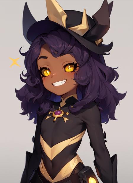 <lora:LuzNocedaTitan-02:0.95>, LuzNocedaTitan, 1girl, yellow eyes, black headwear, grin, hat, purple hair, smile, solo, brown skin, ((black sclera))