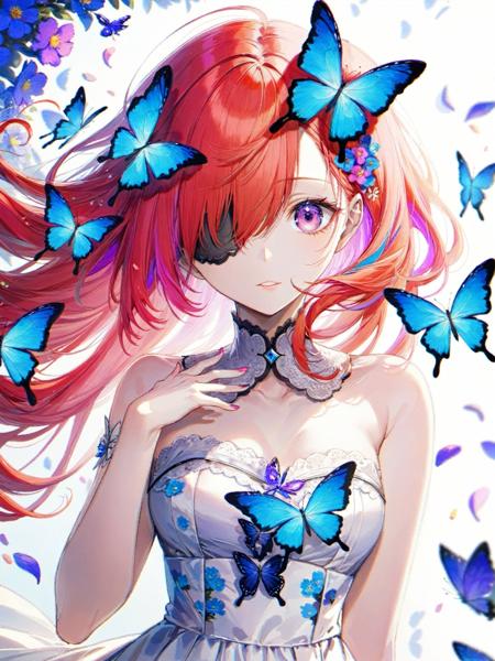 best quality, aesthetic, detailed, colorful, 1girl, solo, upper body, looking at viewer, parted lips, multicolored eyes, pink eyes, one eye covered, flower over eye, eyelashes, long hair, pink hair, red hair, floating hair, multicolored hair, hair flower, hair ornament, bangs, breasts, white dress, dress, bare shoulders, fingernails, nail polish, flower, butterfly, bug, blue butterfly, blue flower, red flower, purple flower, strapless, petals