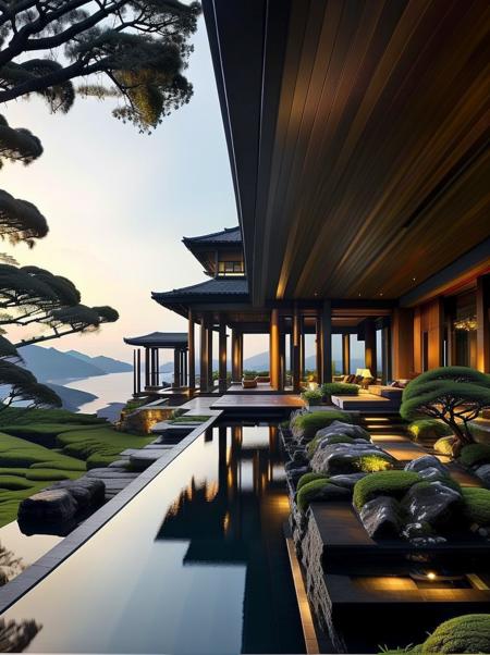 Chinese style hall,no humans,tree,scenery,outdoors,architecture,east asian architecture,day,rock,building,water,sky,bush,house,grass,best quality,Professional,<lora:Justin_Hill architecture_V150:0.9>,