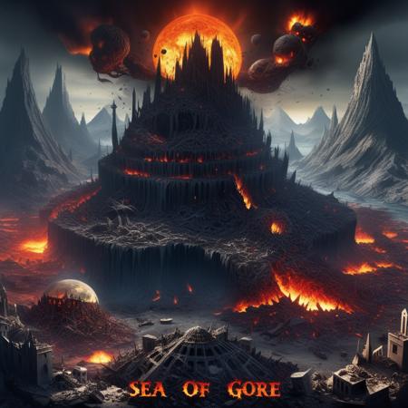 dmacxl sea of infinite gore and libs, a destroyed city and an exploding sun, piles of corpses atop a burning mountain <lora:XL_Death_Metal_Album_Cover_XL:1>