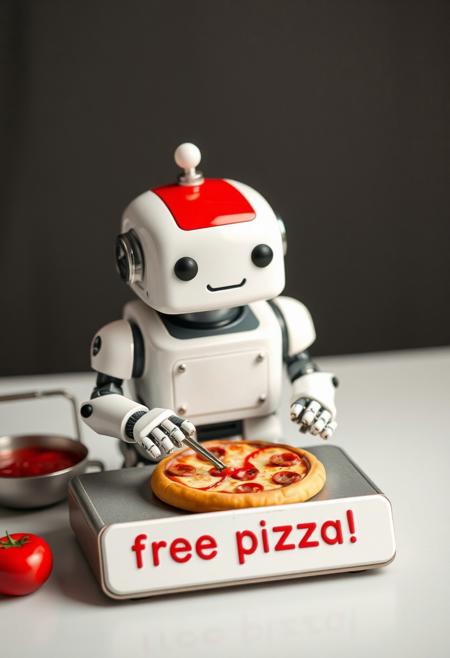 photo of a cute little robot cooking pizza, kawaii, inscription "free pizza!"