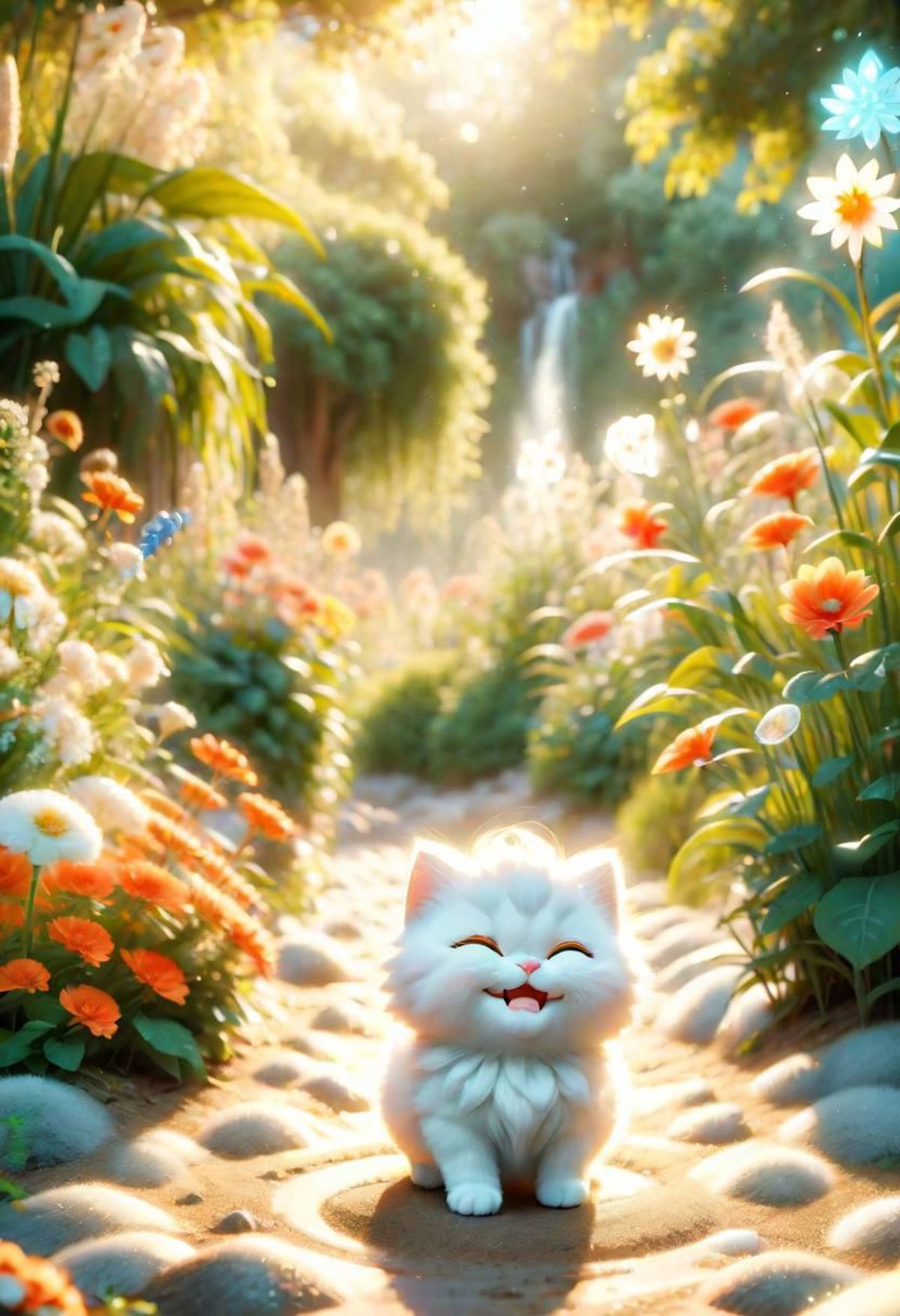 Cartoon Illustration of a Smiling Cat on a Sunny Path with Flowers and Greenery