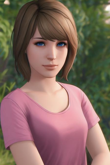 portrait of maxcaulfield ,solo, shirt, brown hair, short hair, realistic, upper body, (pink shirt:1.1), lips, blue eyes, nose, bangs