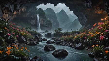 extremely detailed 45mm nigh-time photograph, midnight on alien planet, epic mountains,gigantic waterfalls, canyons, wide river rapids, rainy weather, perfect composition, vibrant, jungle, large colored flowers, very high saturation, underground magical ornate cave