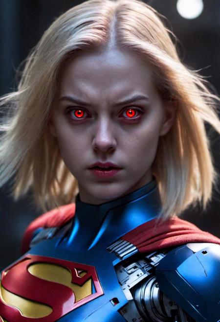 (masterpiece),
(robotic), red golowing eyes,
1girl, blonde , floating hair,
superman,
angry mood,
 upper body shot, 
 HDR, highly detailed, 32k, trendind on artstation,