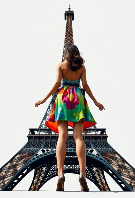 i love architecture! i can stare at the eiffel tower for hours, colorful short dress, spread legs, eiffel tower back girl, art sketch, minimalism, elegance and simplicity, understated lines, octane rendering, hyper-realistic, ultra-sharp, hyper-detailed, professional photoshoot, chiaroscuro lighting, vivid colors, front below view