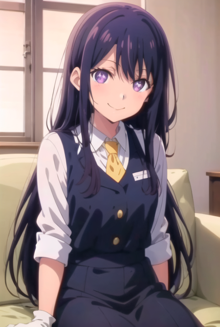 Ai Hoshino, purple eyes, black hair, very long hair, anime screencap, solo, 1girl, solo, smile, bright, suit, sitting on sofa, kyoto animation screencap, white gloves, white shirt, black jacket, white ascot, <lora:ai_hoshino_v2:0.4>, eyes,