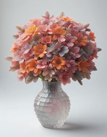 A vibrant bouquet of flowers, each petal made from mad-shingles, arranged in a crystal vase. <lora:Shingles_SDXL:1>