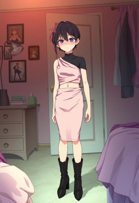 Androgynous preteen boy, wearing pink satin pencil miniskirt, black one-shoulder crop top, high-heeled boots, smudged makeup, in his older sister's room, scared, discovered by sister, anime style