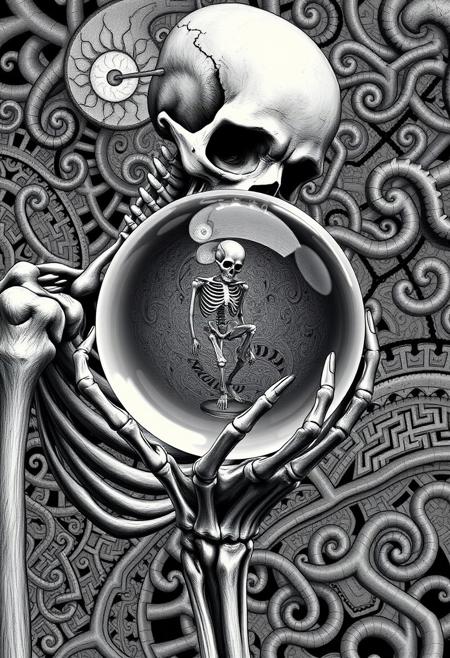 mythp0rt, /imagine prompt: In the style of M.C. Escher, a skeletal figure gazes intently into a crystal ball, its bony fingers wrapped around the smooth, reflective surface. The crystal ball, held delicately in the skeleton’s hand, reflects a distorted, intricate image of the skeleton itself, creating a mind-bending, recursive effect. The scene is composed of complex, interlocking patterns and impossible geometry, with the skeletal figure and the crystal ball seamlessly blending into the background of swirling, labyrinthine designs. The monochromatic color scheme, with shades of black, white, and gray, enhances the surreal, otherworldly atmosphere, capturing the intricate detail and optical illusions characteristic of Escher’s work. The skeletal figure appears almost alive within the ball’s reflection, its empty eye sockets staring back in an eternal, endless loop. --ar 16:9 --v 5 --style M.C. Escher --quality 5