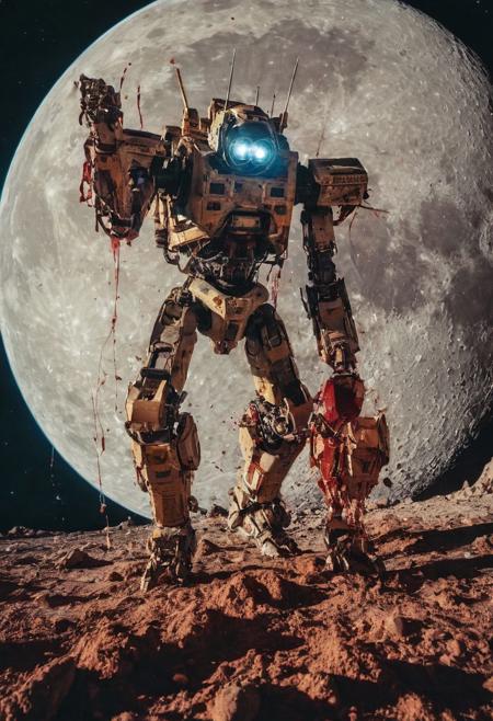 fisheye lens (fisheye view) photograph, ((Devil-Mech robotic assasin warrior on the moon)), militaristic echo image, blood splatters, emblem, echo image, sidelit, masterpiece from a different dimension, film grain, noise offset,  <lora:add-detail-xl:1>  candid photography, Getty Images quality photograph, cute and endearing photograph contrasted by violent mania , double exposure, multiple-exposure photograph, UHD, very slow shutter speed to capture motion, experimental coloured lighting, experimental angles, strong fisheye-lens/ intense fisheye-view photograph, intricately detailed, very detailed background, realisticvision-negative-embedding, realisticvision-negative-embedding, epiCRealism