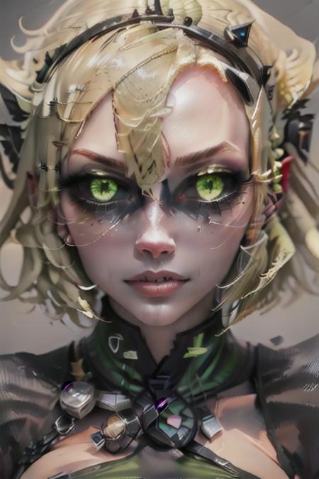 masterpiece, best quality, 1girl, solo, black sclera, colored sclera, green eyes, ((blonde hair)), ((short hair)), face focus, from above, looking at viewer, sfw <lora:black_sclera:1>