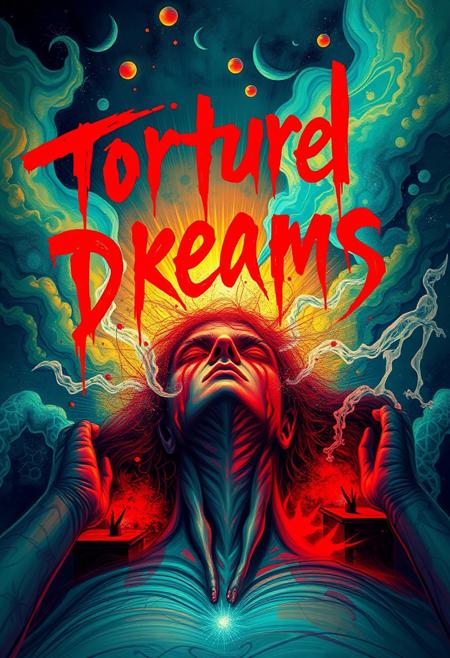 A vivid digital art piece depicting the dreams of a schizophrenic, written above the main focus of the image in bleeding shaky script lettering are the words "Tortured Dreams"