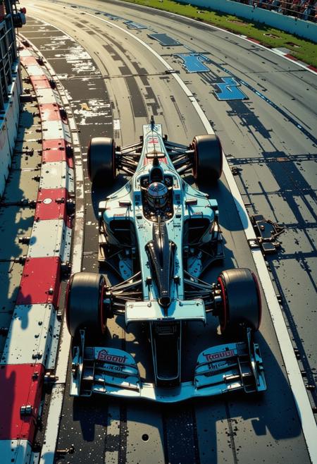 Ultra-realistic Formula 1 car seen from above, aerial top-down view, racing at full speed on the Indianapolis Motor Speedway track, clean asphalt, no crowd, clear sunny day, sharp shadows on the ground, vivid highlights on the car’s body, realistic reflections, carbon fiber textures visible, wide cinematic composition, perfect track curvature, motion blur on the rear of the car, blue sky reflected subtly on the surface, 8K ultra detail, HDR lighting, high-resolution textures, professional F1 photography style